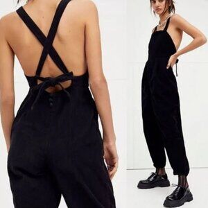 Free People Josephine Corduroy Jumpsuit High Rise Overalls Bow Back Tie Black XL